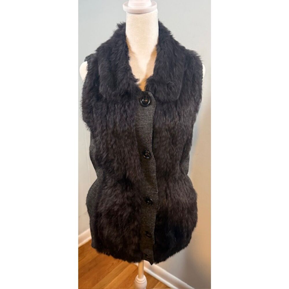 Vintage Dana Stein‎ Real Rabbit Fur Trim Gray Wool Vest Sz M Drawstring Back